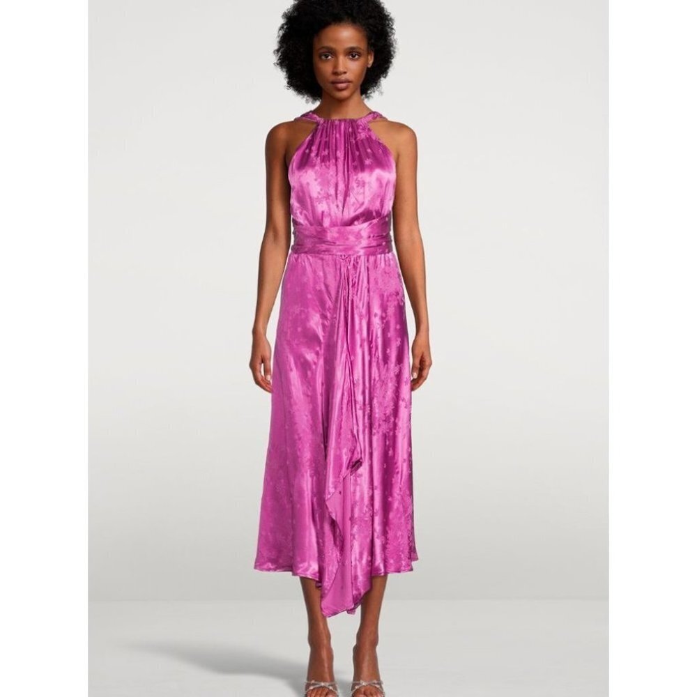 NWT SABINA MUSAYEV Satin Midi Dress  Pink Floral embossed Barbiecore L